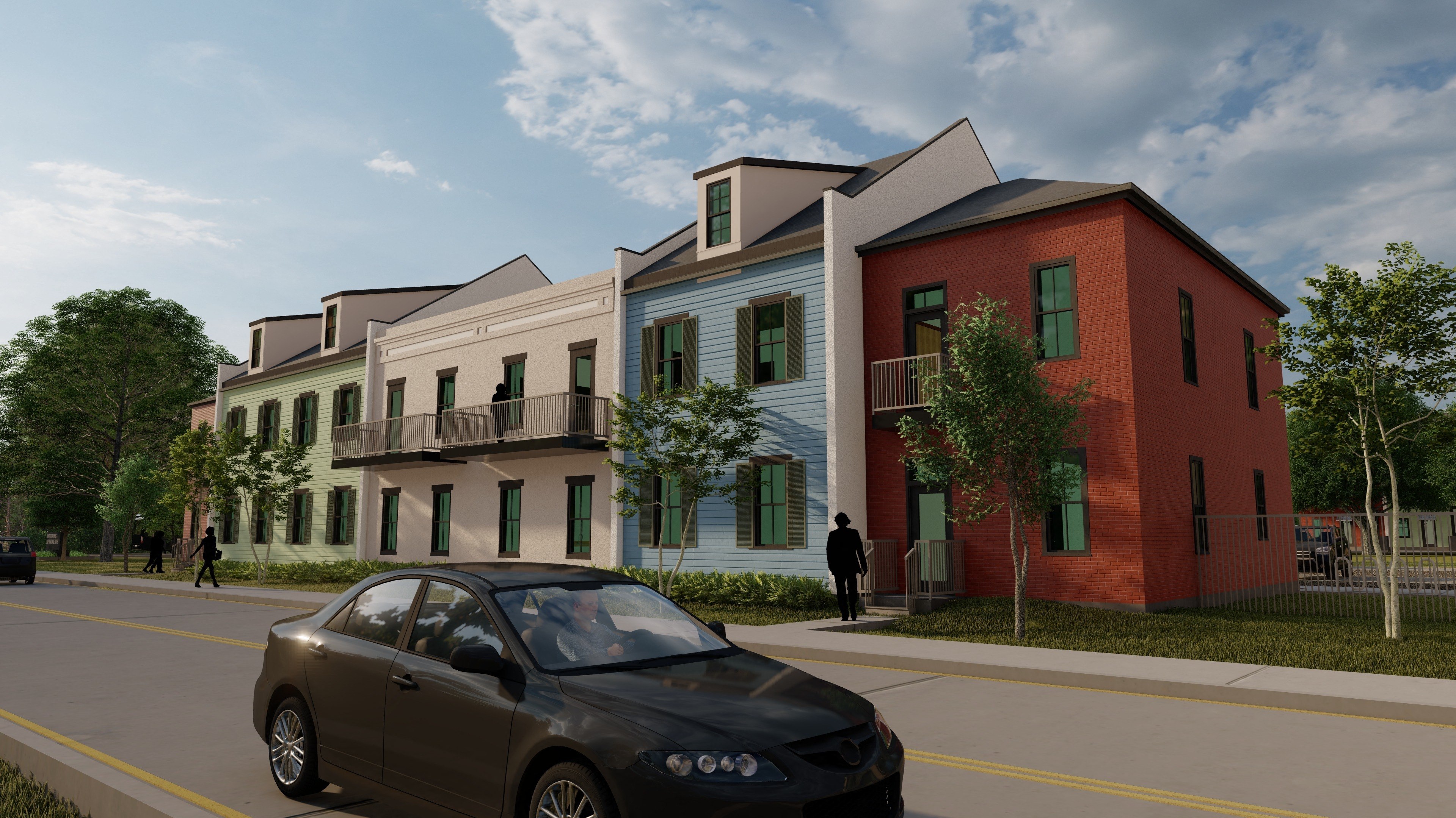a rendering of a new apartment complex on a street with a car